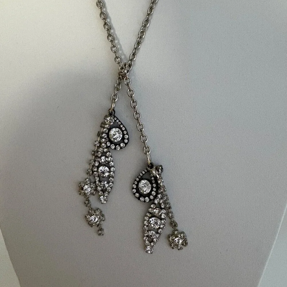 Silver-Tone Rhinestone Lariat Necklace Upcycled with Drop Pendants